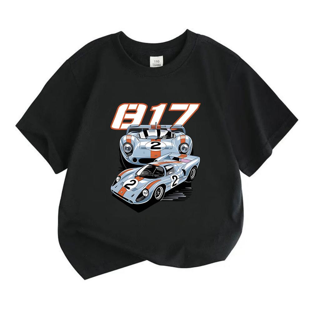 Kids Boys Girls Crew Neck Short Sleeve 100% Cotton T-Shirt, Classic Retro Racing Car 917 Pattern Print Casual Soft Tee for Children Daily Wear Street