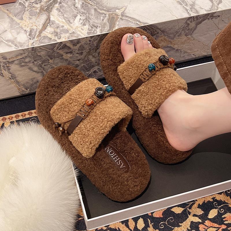 2025 new autumn and winter high-end lamb wool thick-soled wool slippers for women to wear super-hot home warm cotton slippers