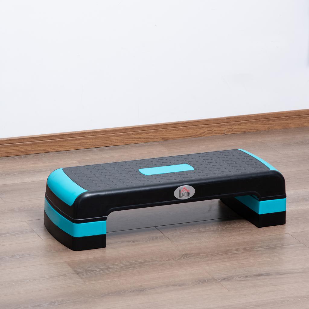 Adjustable Aerobics Stepper, 3-Stage, 10, 15, and 20cm Heights, Made of Plastic. Black and Blue