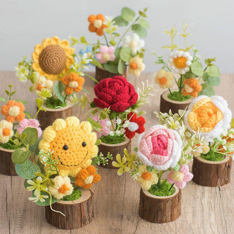Hand Woven Potted Crochet Artificial Flower Desk Decoration