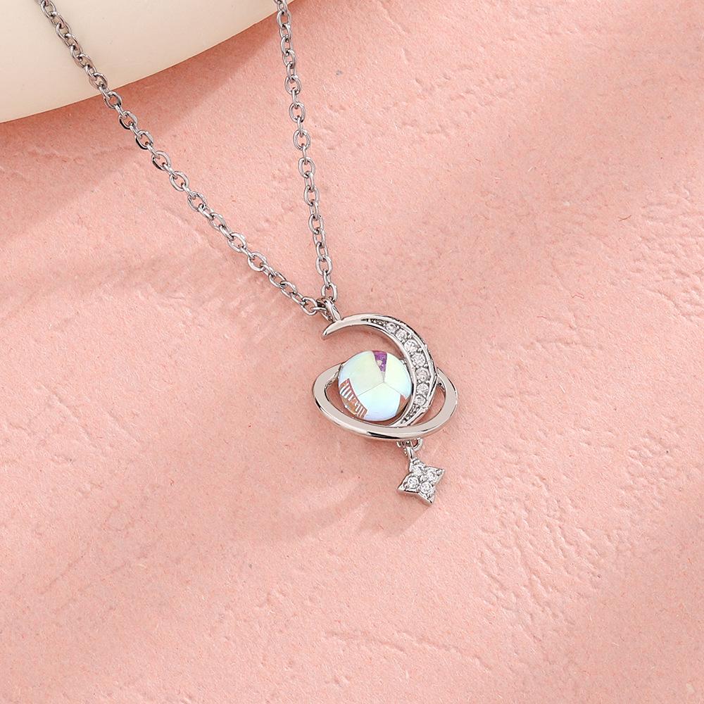 Moonstone Star Moon Necklace Same Surrounding Planet Diamond Clavicle Chain Light Luxury Simple Star Pendant Necklace