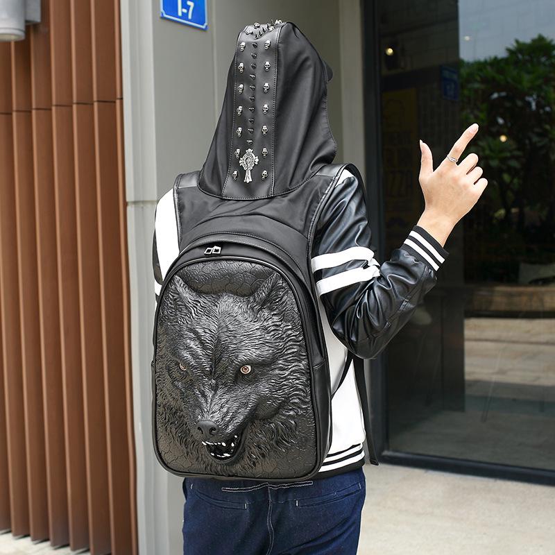 3d black wolf pu leather backpack