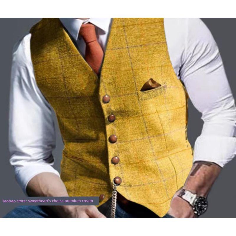 

2024 Spring and Autumn European and American Amazon Men s Casual Plaid Vest Slim Fit Jacket Yellow Collarless XL