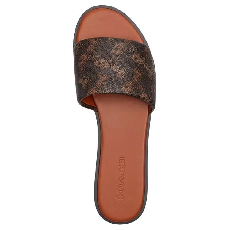 Coach Holly Round Toe Open Toe Carriage Print Slide Sandals Women Sandals Brown CAR67-W8F