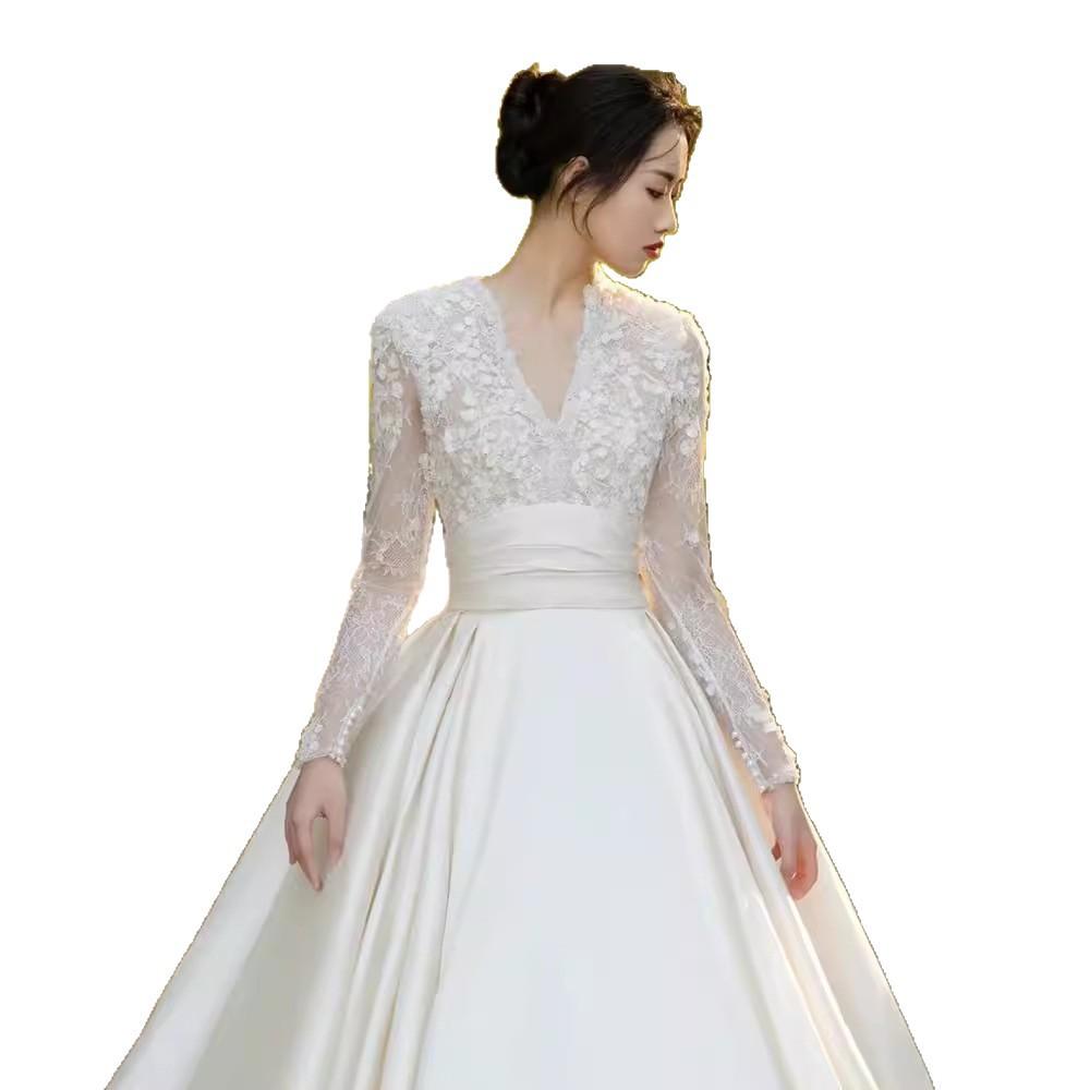 Satin Schwere Industrie Hochzeitskleid Braut 1011 Neues Sommer Hauptkleid Hohe Textur Kleine Lange Ärmel Retro