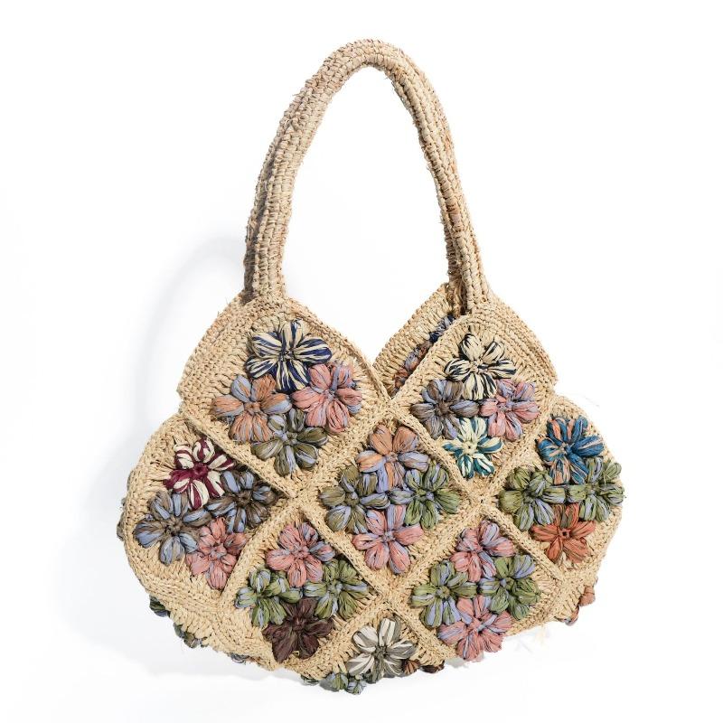 Summer Flower Raffia Straw Woven Bag Versatile Handwoven Bag Women's Large Capacity Portable Seaside Vacation Beach Bag