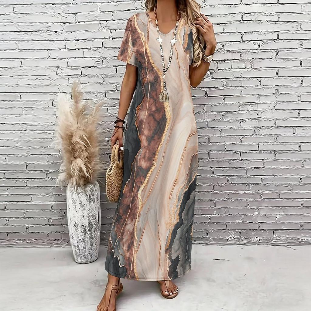 Women Plus Size V Neck Short Sleeve Abstract Printed Black White Khaki Straight Maxi Dress