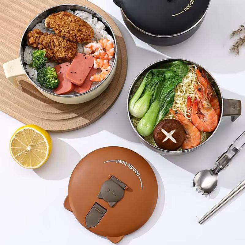1pc 304 Instant Noodle Bowl - Stainless Steel Large Capacity with Lid Portable Tableware Perfect for Serving Noodles and Rice