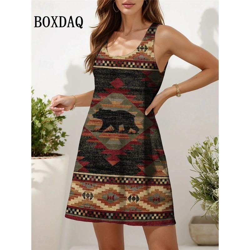New Sundress Summer Casual Floral Print Dress Loose Vintage Ethnic Style O-Neck Sleeveless Dress For Women 2025 Fashion Clothing