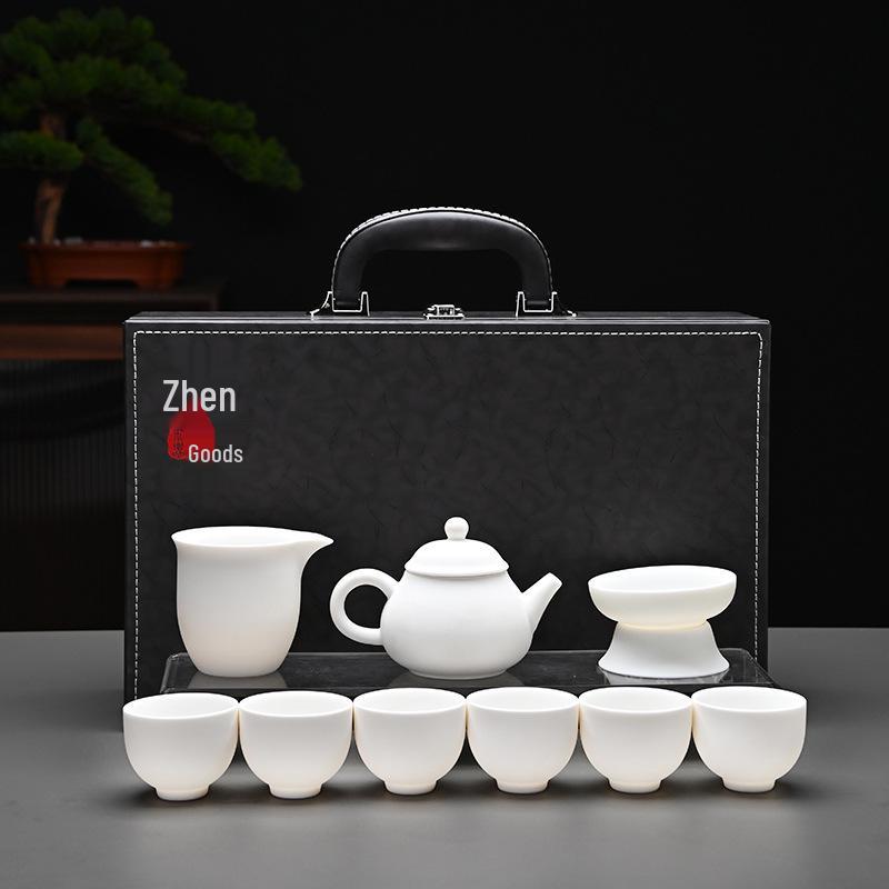 Kung Fu Mutton Fat Jade Gaiwan Teapot Set - Gold-Painted Luxury Tea Set