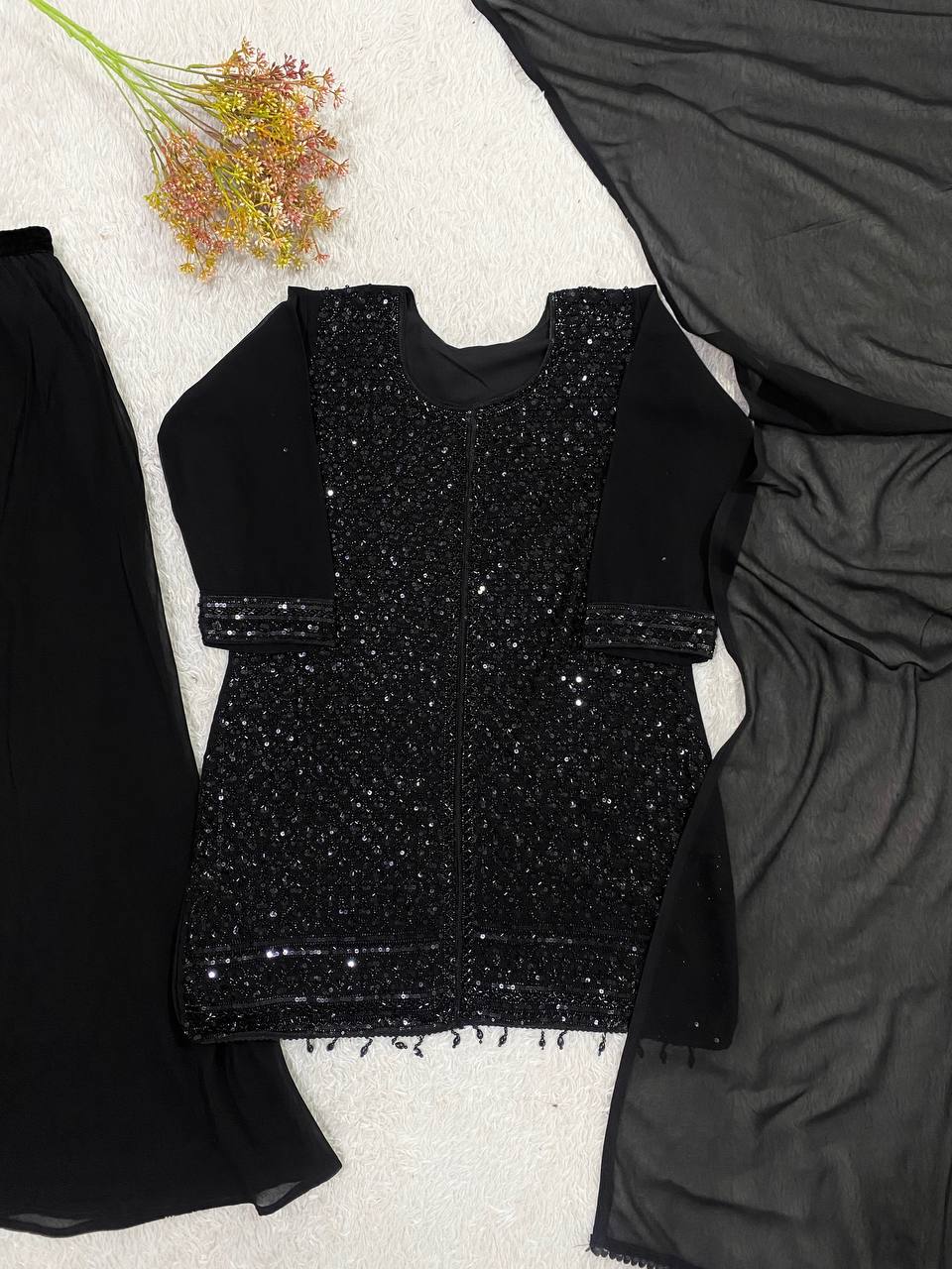 Enchanting Midnight Black Heavily Sequined Sharara Suit Set M