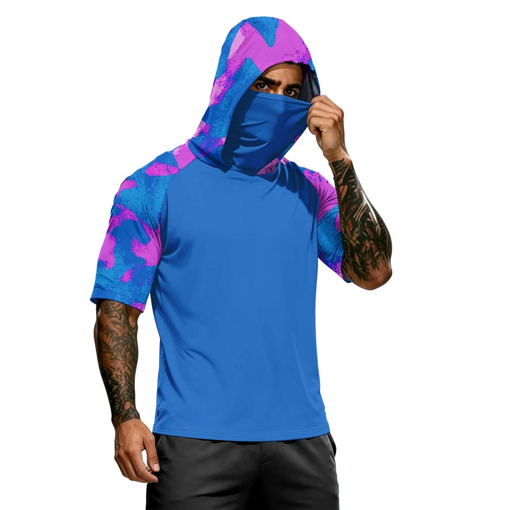 Men's Summer Camouflage Gradient Drying Short-sleeved T-shirt, Sun Clothing, Fishing, Fitness, Sports, Hooded Short-sleeved Shirt