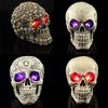 Halloween Skeleton Head Statue with LED Lights Novelty Resin Skeleton Head Figurine Haunted House Props Tabletop Desk Home Office Decor