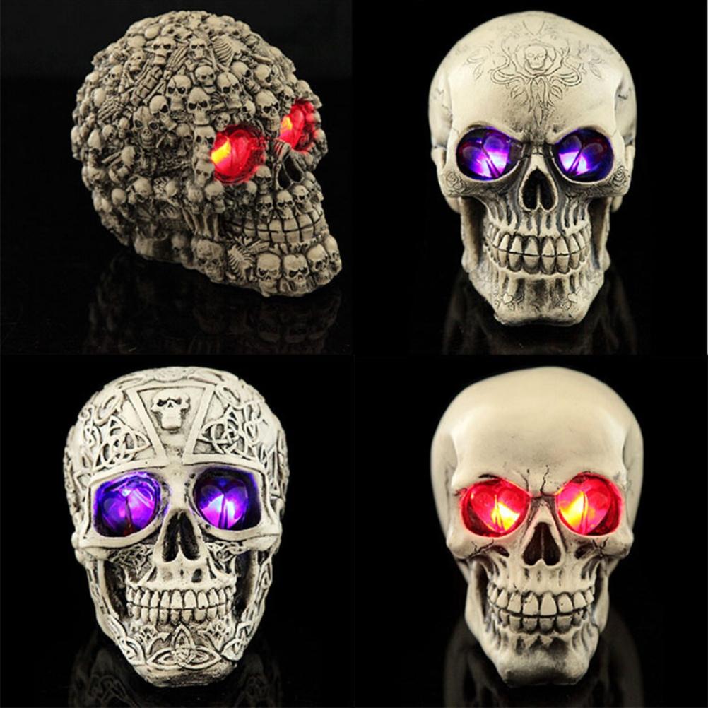 Halloween Skeleton Head Statue with LED Lights Novelty Resin Skeleton Head Figurine Haunted House Props Tabletop Desk Home Office Decor