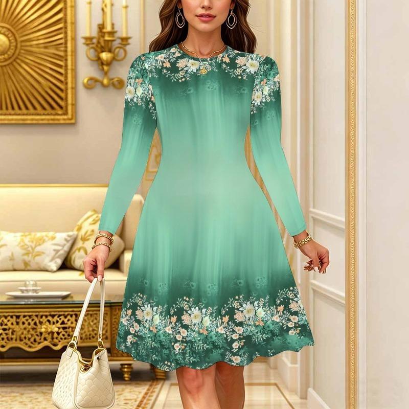 Women's Bohemian Casual Midi Dress Print Round Neck Long Sleeve A Line Loose Swing Dresses