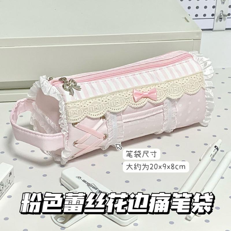 Estuche de Lápices Impermeable para Estudiantes de Gran Capacidad con Adorno de Encaje Rosa