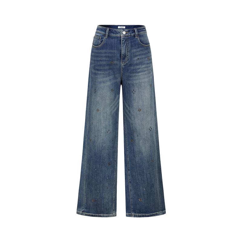 JIUZI Annaque Vintage Washed Rhinestone Straight-Leg Jeans