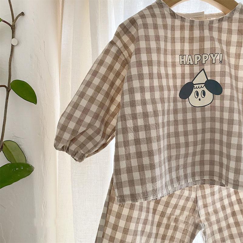 Baby Cotton Linen Clothes Set Plaid Cartoon Casual Tops + Pants 2pcs Baby Set Cute Boy Girls Comfortable Infant Outfits