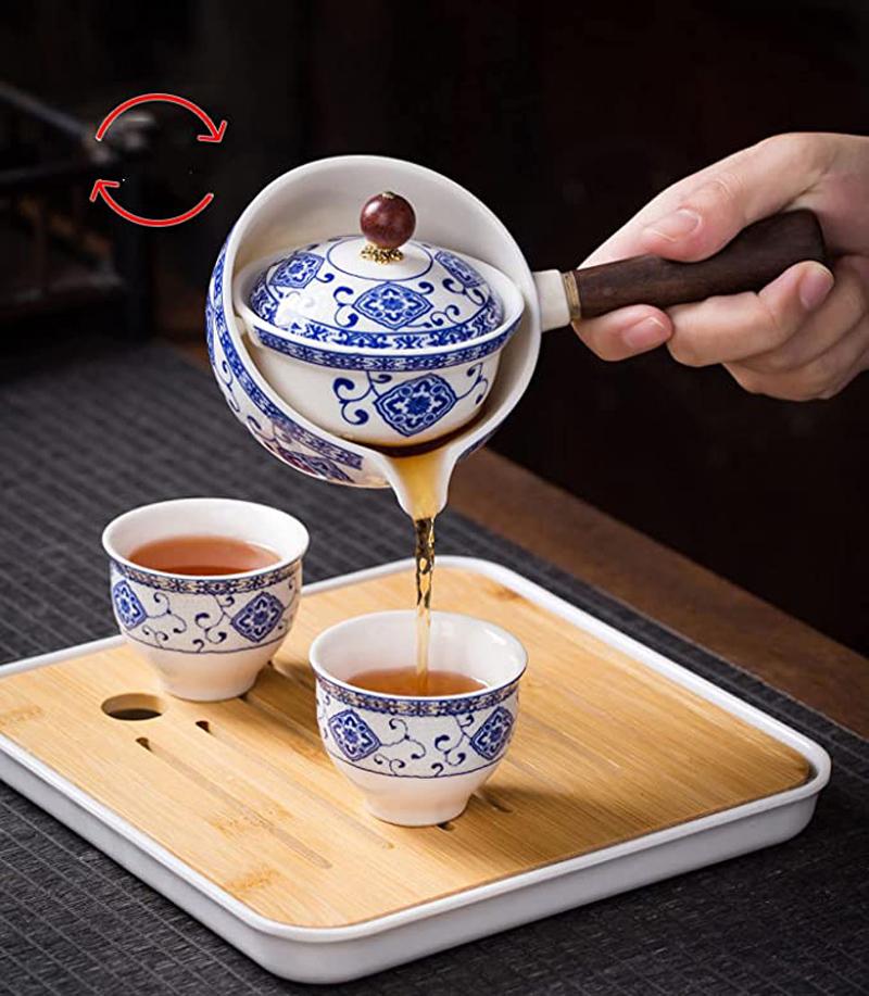 Portable Flower Ceramic Automatic Spinning Kung Fu Teapot with Wooden Handle, Side-handle Tea Pot, Teaware Filter,150ml