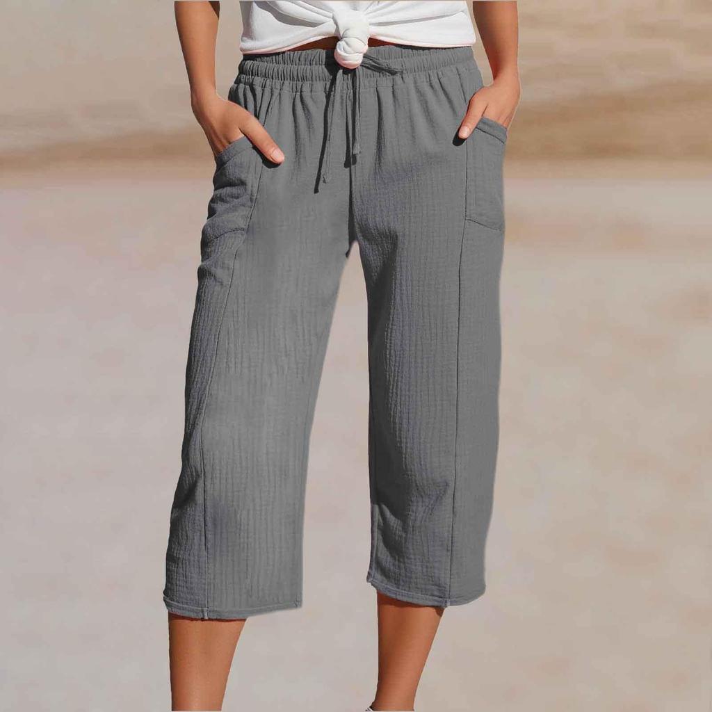 Women's Summer 3/4 Trousers  Summer Trousers With Pockets Causal Loose Trousers Fabric Trousers Sport Leisure Beach Trousers