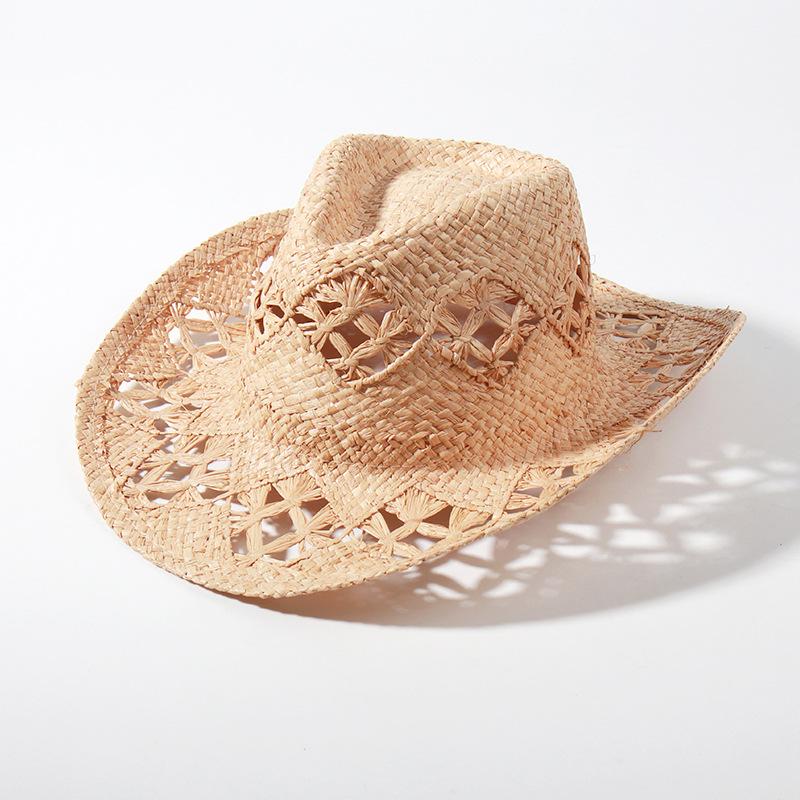 Europäischer Stil Sommer Raffia Panama Hut für Damen, Strandurlaub Sonnenschutzmütze, Mode Cowboy Strohhut