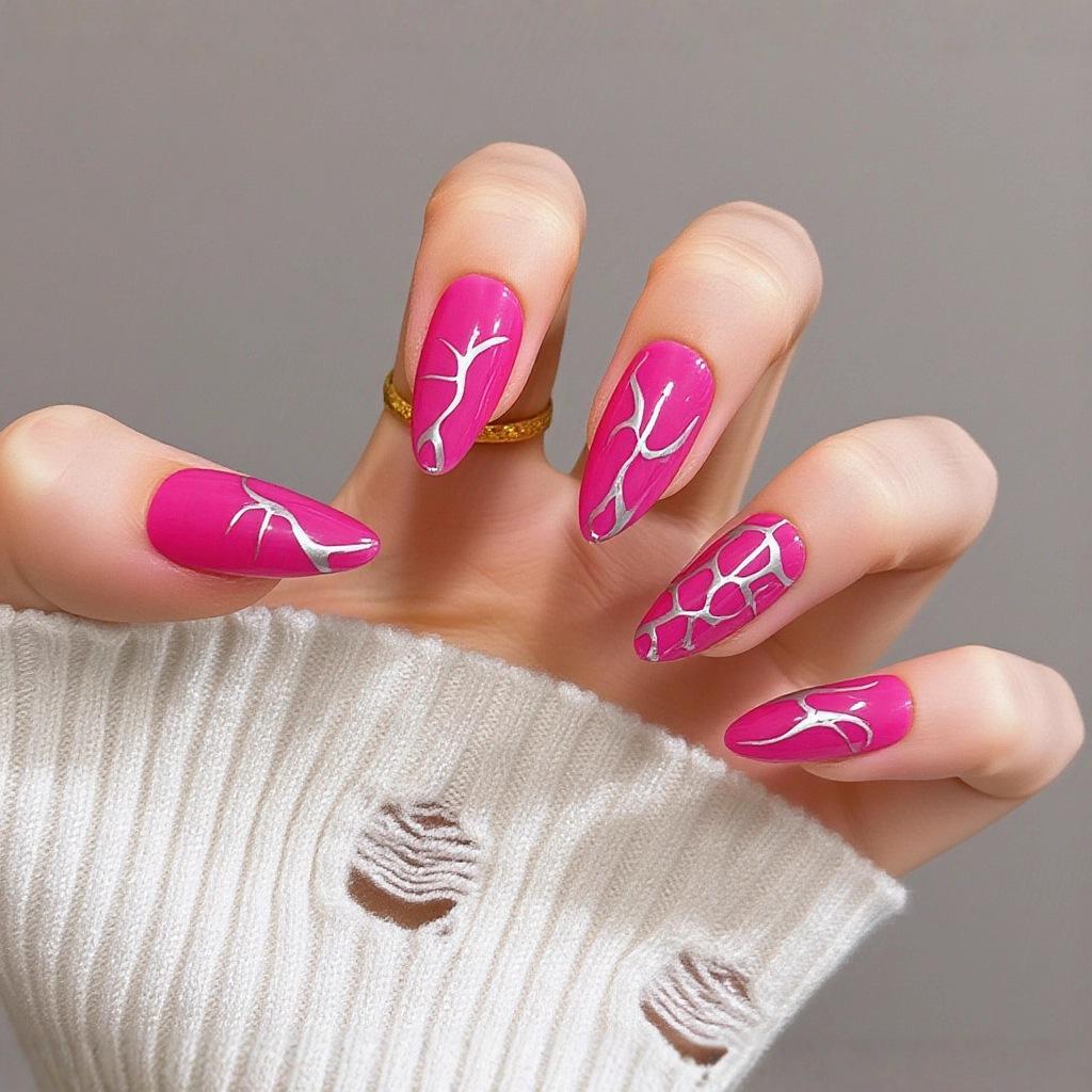 Rose Red & Silver Pattern Medium Almond Shape False Nail Stickers