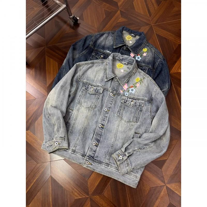 Unisex Streetwear Denim Jacket With Embroidery Detail Loose Fit Outerwear