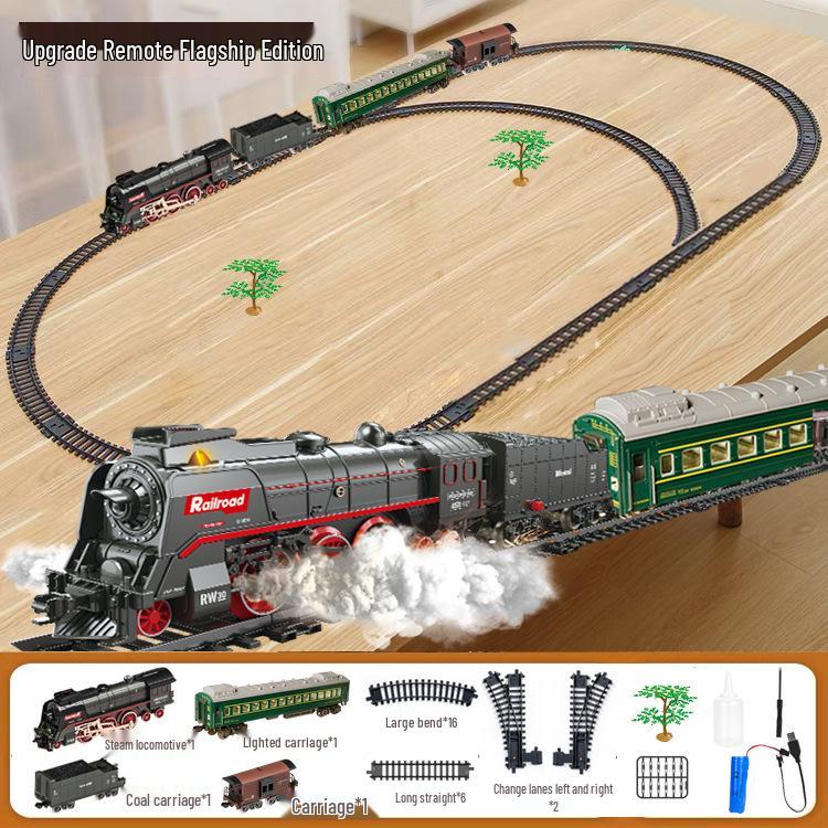 Retro Green Electric Steam Train Track Toy with Light Effects
