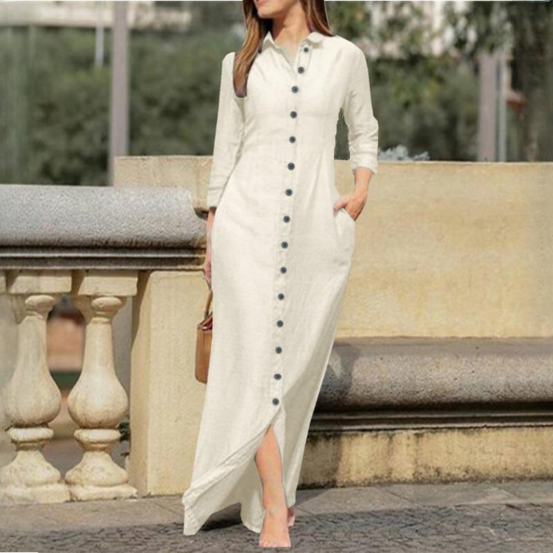 

GMXIA Женский Темперамент Элегантная Мода Унисекс Стиль Длинный Рукав ПОЛО Воротник Кардиган Однотонное Длинное Хлопково-Льняное Платье XXXL белый