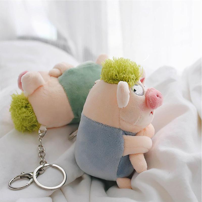 Adorable Animal Keychain Funny Green Hair Plush Animals Angry Pig Doll Pendant Car Backpack Decoration Soft Stuffed Toy Gift