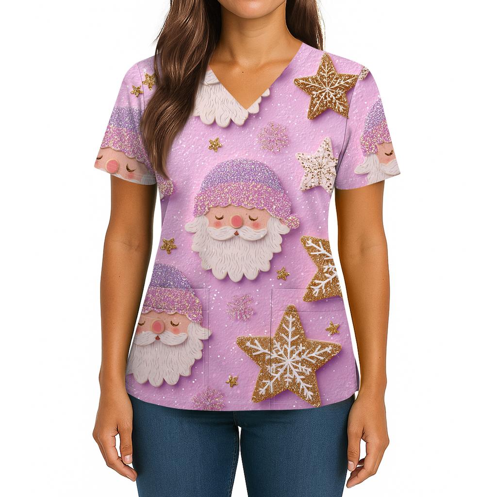 Women's Christmas Print V-Neck Double Pocket Short Sleeves Hem Slit  Uniform And Caregiver Top
