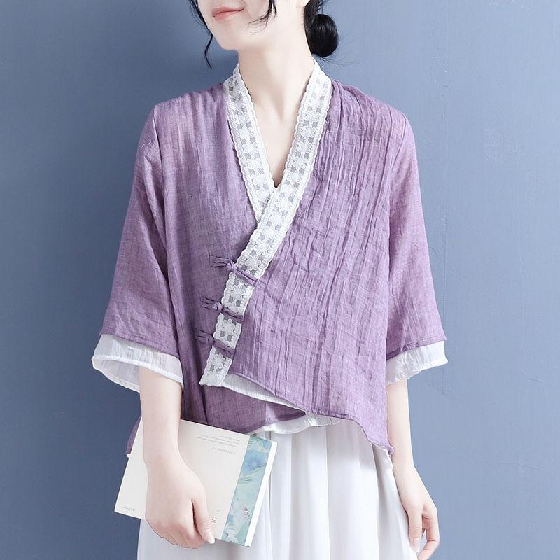 Damen Vintage Chinesischer Stil Bluse Bestickt Locker Geschnitten Asymmetrisch Knopfleiste Hemd Schickes Frühling Sommer Oberteil KK132