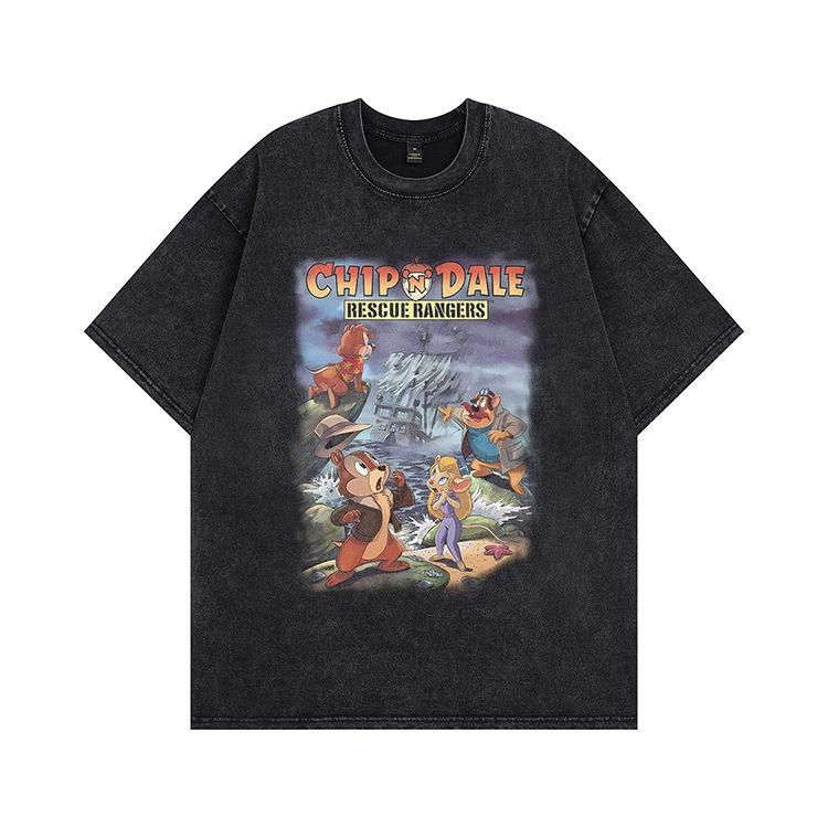 European and American trend retro washing T-shirt summer new men s and women s short-sleeved INS cartoon printing loose couple S