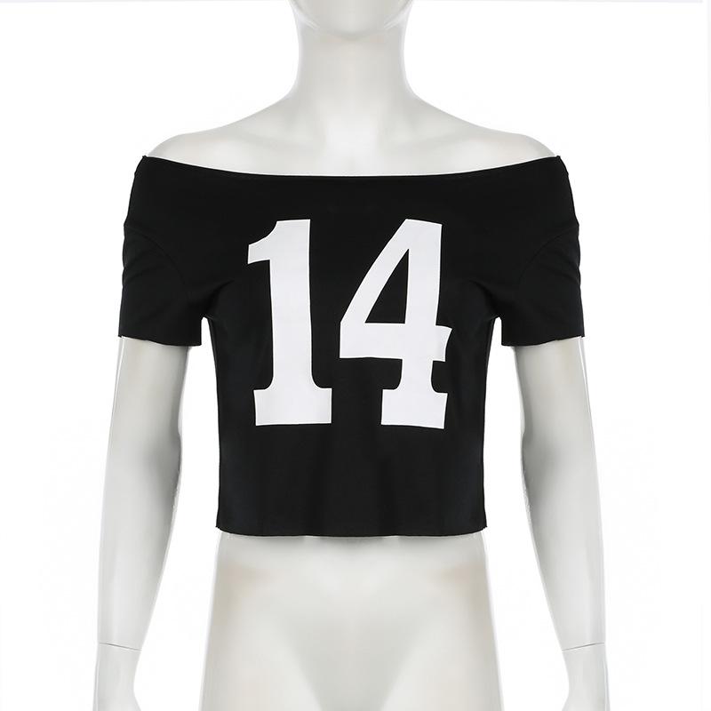 

Европейская и американская цифровая печать летнего модного стиля, короткий укороченный топ с открытым пупком и футболкой на одно плечо L чёрный