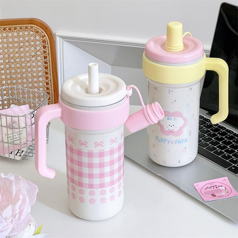 Large Capacity Cute Insulated Mug, 1000Ml Tumbler With Handle And Straw Lid, Stainless Steel Sports Water Bottle