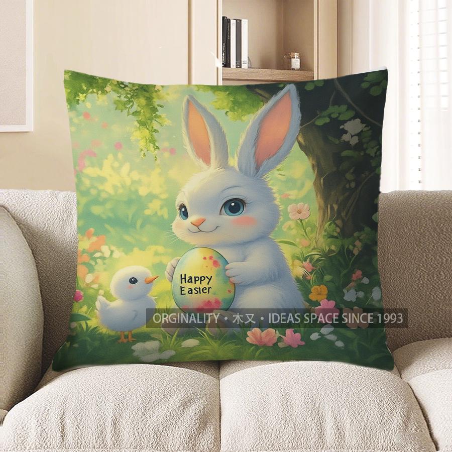 Home Decor Cute Easter Bunny With Eggs Throw Pillow Pattern Cushion Cover Suitable For Sofa Bedroom Car Pillow Cover