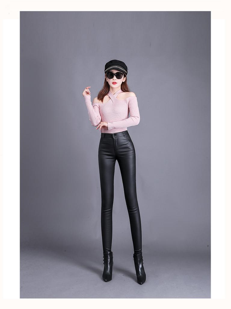 Matte Leather Pants Women Winter Fleece High Waist Leggings for Outerwear Small Feet Bottoms Women