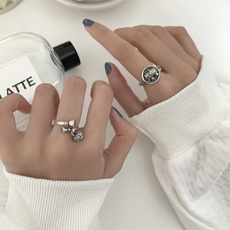 Artistic 925 Silver Open Ring With Vintage Elephant And Rose Pendant For Unique Gifts