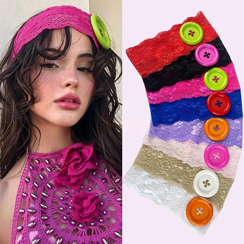 Vintage Women'S Colorful Oversized Button Lace Headband Spicy Girl Y2K Japanese Trendy Headband Sweet Cool Sports Yoga Headband