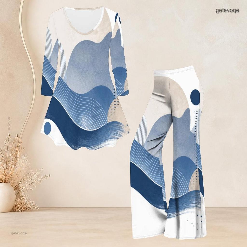 Women Plus Size White Navy Blue Printed V Neck Three Quarter Sleeve Flared Top Flared Pants Two Piece Set