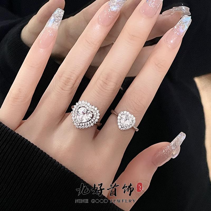 Caibao Light Luxury Main Stone Zircon High-End Sense Of Love Full Of Diamonds Simple Opening Ring Cold Wind