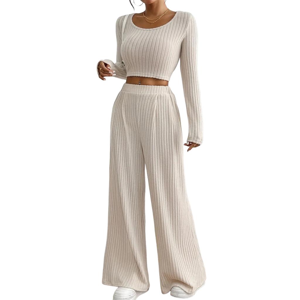 Women's Color Rib Knitted Trousers Mid-Waist Slimming Long-Sleeved Casual Suit