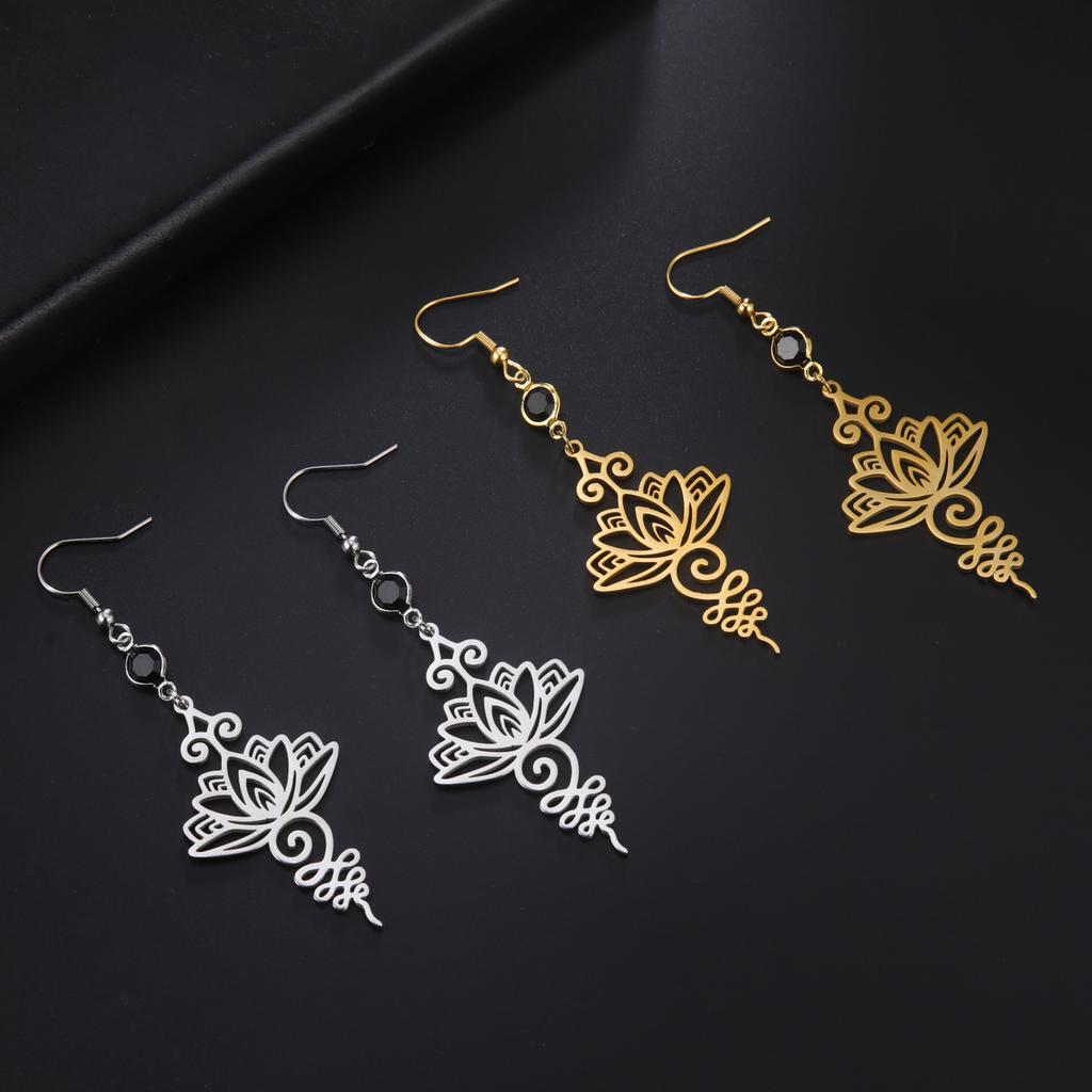 Unalome Pendant Earrings Hippie Stainless Steel Yoga Lotus Flower Drop Earrings for Women Unique Buddhism