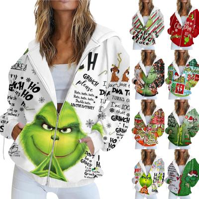 Kadın Modası Rahat Noel Baskılı Uzun Kollu Sweatshirt Cep Ceket Fermuarlı Kapşonlu Mont