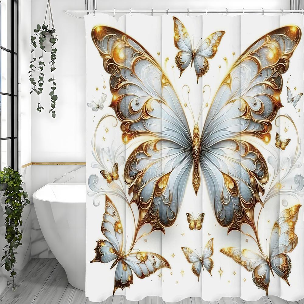 Butterfly Floral Shower Curtain, Bathroom Decorative Shower Curtain, Waterproof Shower Curtain with Hooks