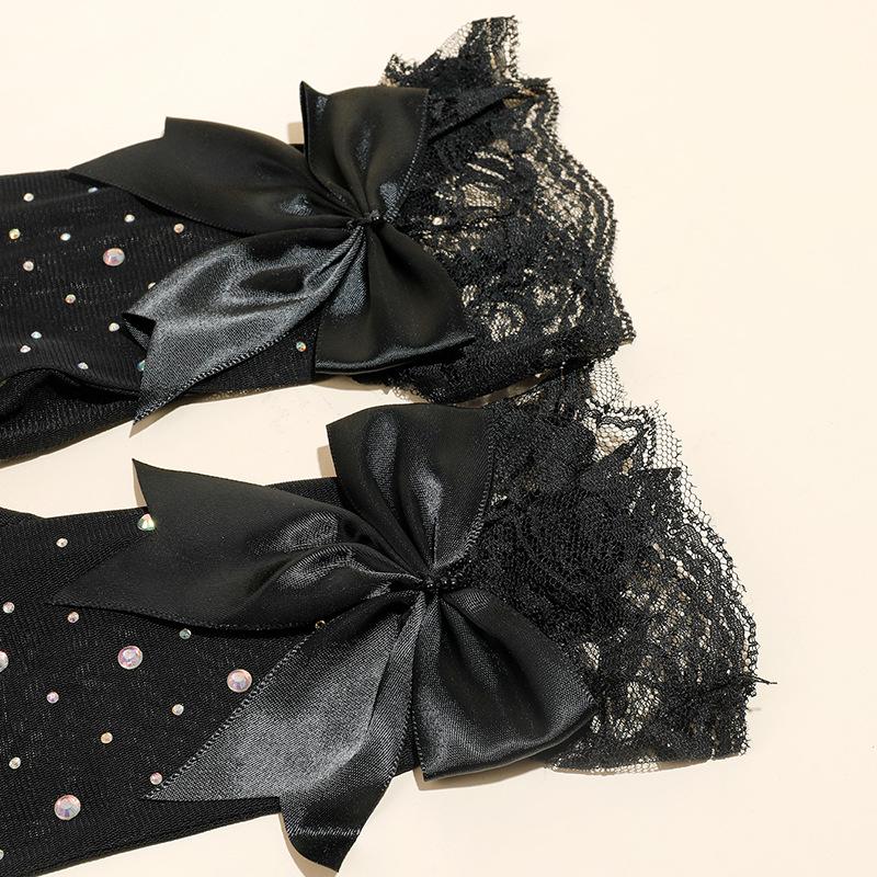 New Halloween Cosplay Dress Gloves Mesh Flash Diamond Black Lace Bow Gloves