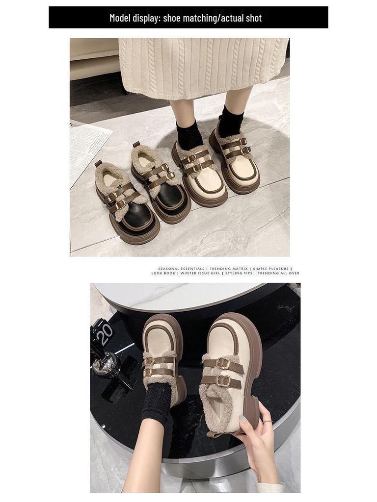 Brand Thick-Soled Leather Height-Increasing Warm Cotton Shoes for Women - Autumn/Winter Japanese Style