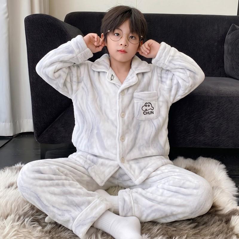 Jungen Warmes Korallenfleece Pyjama-Set Langarm Verdickt Hausanzug Kinder Winter