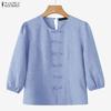 Women Casual Round Neck Solid Color 3/4 Sleeve Blouse