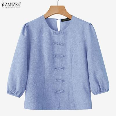 Women Casual Round Neck Solid Color 3/4 Sleeve Blouse
